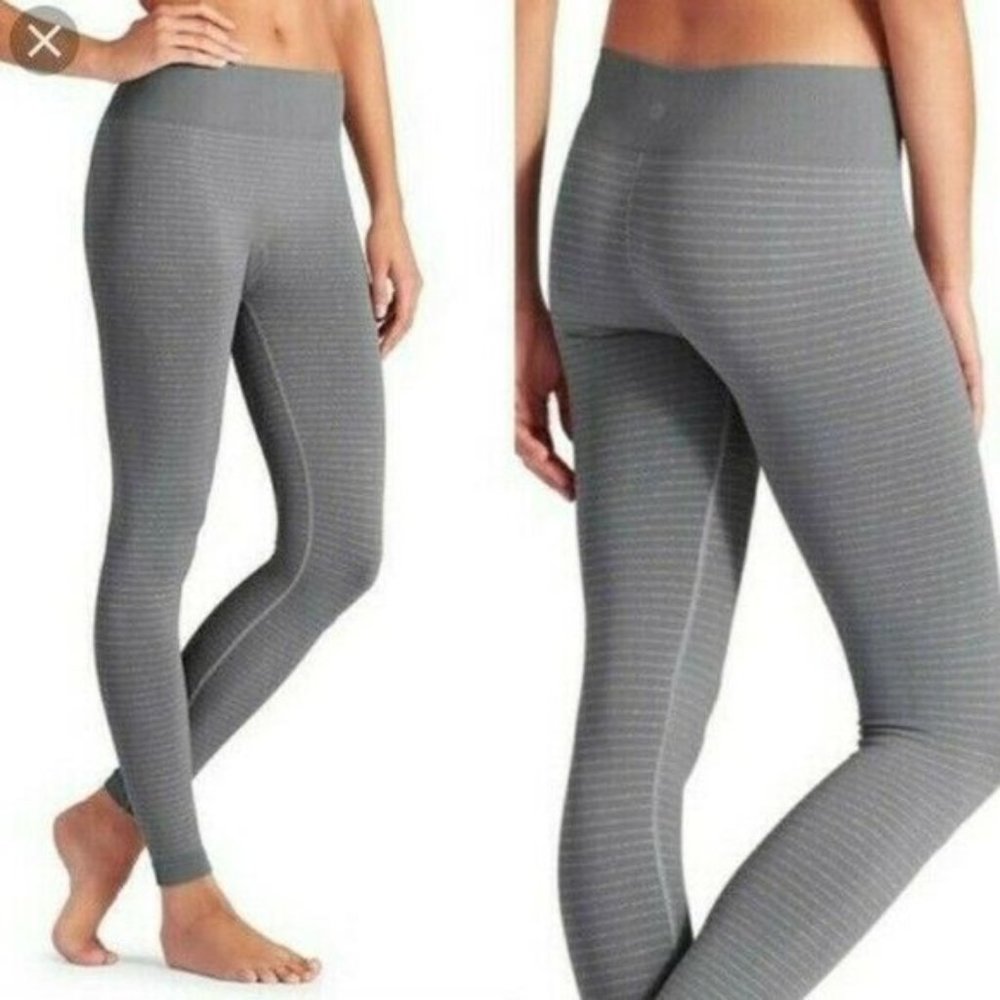 NWT ATHLETA womens size XS Metallic Silver Shimmer Striped Pull on Tights Pants.
